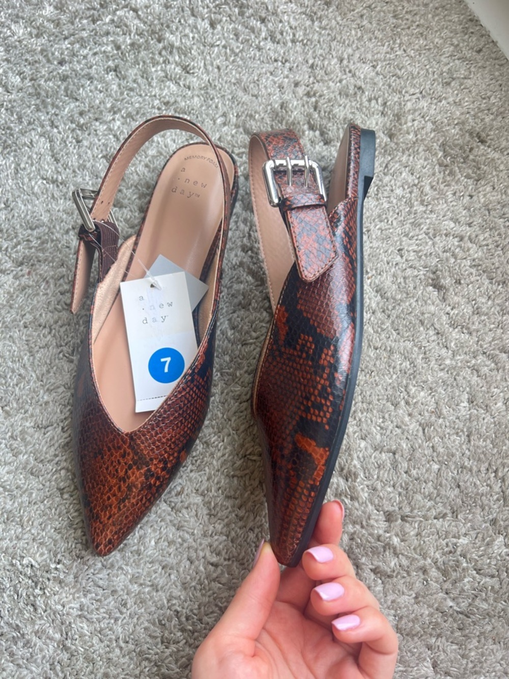 a new day Brown Snake-Print Pointed Slingback Flats. Size 7